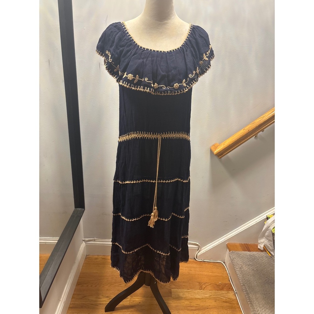 Unbranded Boho Peasant Midi Dress Womens Navy Blue Tan Crochet Tiered Gauze